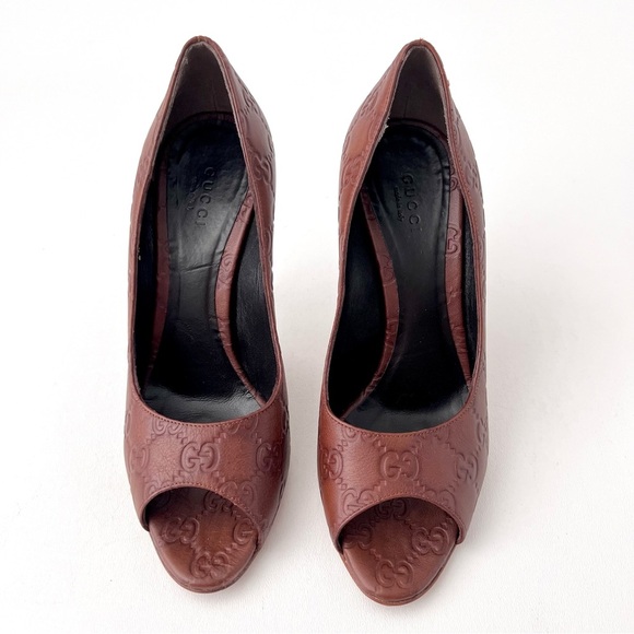GUCCI | Vintage Guccissima GG Logo Brown Leather Peep Toe High Heel Pumps EU 37 - Picture 3 of 13
